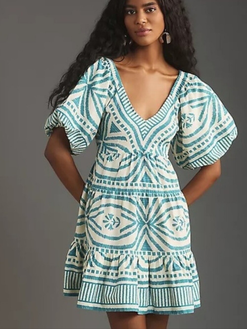 Omika lla Teal and White Puff-Sleeve Mini Dress